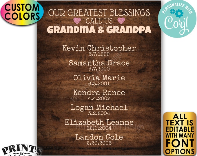 Our Greatest Blessings Grandparent Gift, Grandma Grandpa, Grandkids, PRINTABLE Rustic Wood Style Grandchildren Sign <Edit Yourself w/Corjl>