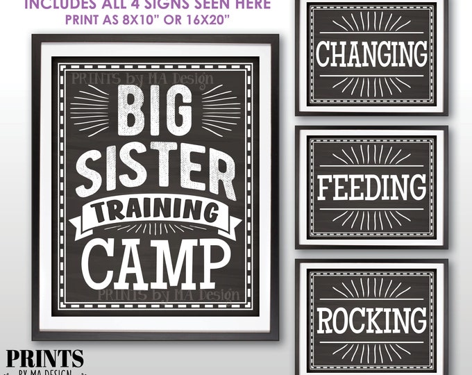 Big Sister Training Camp Photo Props, Pregnant Baby #2 Announcement, Four Chalkboard Style PRINTABLE 8x10/16x20” Signs, We're Pregnant <ID>