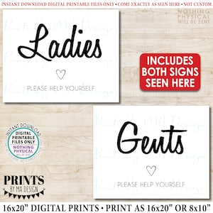 May include: Digital printable restroom signs. The signs read "Ladies" and "Gents" in black script on a white background, with a heart symbol and the phrase "Please Help Yourself." The image includes a red rectangle with the text "Includes Both Signs Seen Here."