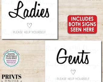 Wedding Bathroom Signs, Ladies and Gents Please Help Yourself, Restroom Toiletry Bathroom Basket, Kick Off Shoes, Two 8x10/16x20” Signs <ID>