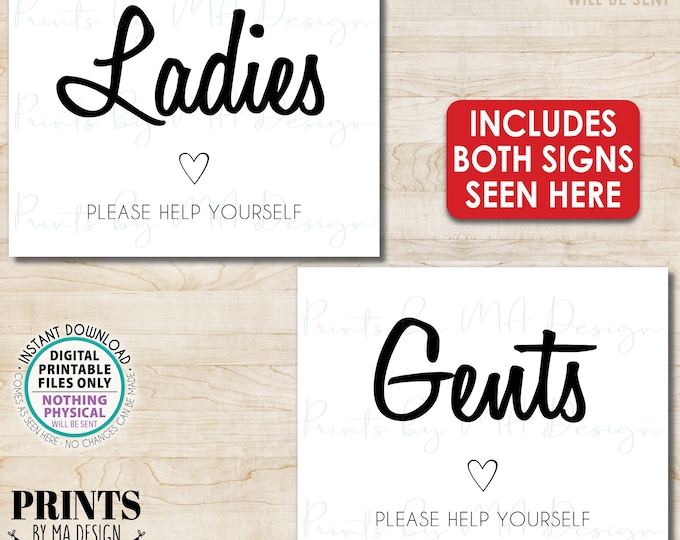 Wedding Bathroom Signs, Ladies and Gents Please Help Yourself, Restroom Toiletry Bathroom Basket, Kick Off Shoes, Two 8x10/16x20” Signs <ID>