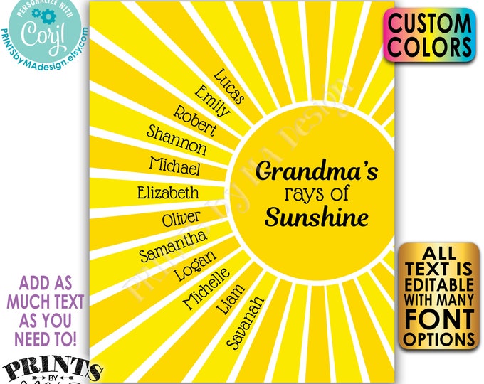 Editable Grandchildren Sign, List of Grandkids are Rays of Sunshine, Grandparents Gift, PRINTABLE 8x10/16x20" Sign <Edit Yourself w/Corjl>