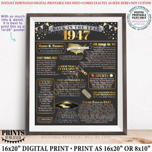 Back in the Year 1947 Poster Board, Remember 1947 Sign, Flashback to 1947 USA History from 1947, PRINTABLE 16x20” Sign &lt;ID&gt;