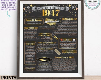 Back in the Year 1947 Poster Board, Remember 1947 Sign, Flashback to 1947 USA History from 1947, PRINTABLE 16x20” Sign <ID>
