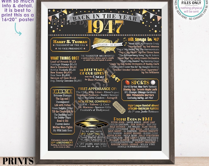 Back in the Year 1947 Poster Board, Remember 1947 Sign, Flashback to 1947 USA History from 1947, PRINTABLE 16x20” Sign <ID>