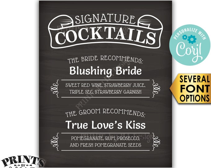 Signature Cocktails Sign, Bride & Groom Recommend, PRINTABLE 8x10/16x20” Chalkboard Style Wedding Drinks Sign <Edit Yourself w/Corjl>