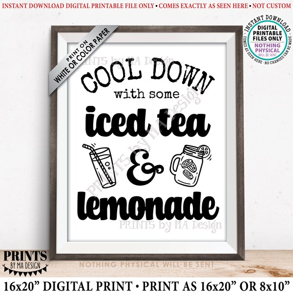 Letrero de té helado y limonada, refréscate con bebidas frías, Letrero imprimible en blanco y negro de limonada y té helado de 8x10/16x20” <ID>