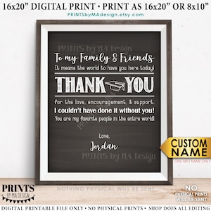 Op de afbeelding: Een ingelijste digitale print met een achtergrond in schoolbordstijl. De print bevat witte tekst met de tekst "To my Family & Friends", "THANK YOU" en een gepersonaliseerde naam. De lijst is donkerbruin en de print is verkrijgbaar in 40.6x50.8cm of 20.3x25.4cm.