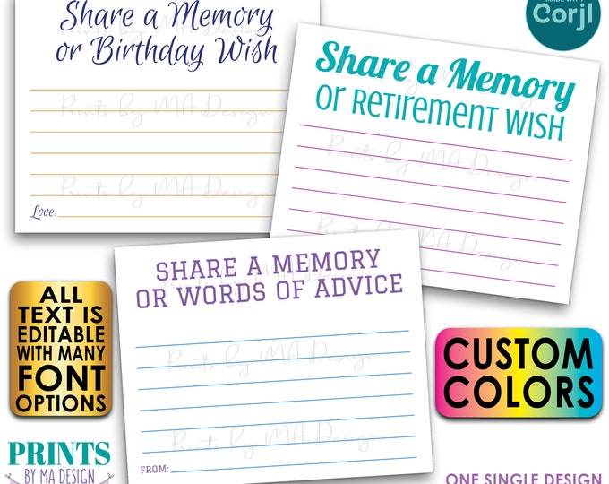 Custom Share a Memory Card, Memories Wishes Advice Note, Editable PRINTABLE 8.5x11" Sheet of four 4x5" Cards <Edit Yourself w/Corjl>