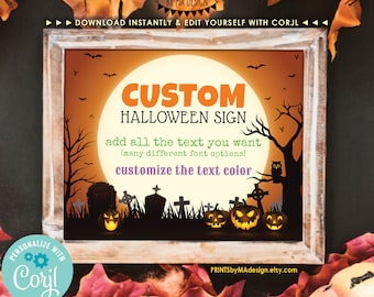 Custom Halloween Sign, Halloween Party, Spooky Moon Bats, One PRINTABLE 8x10/16x20” Landscape Sign, Choose Your Text <Edit Yourself w/Corjl>