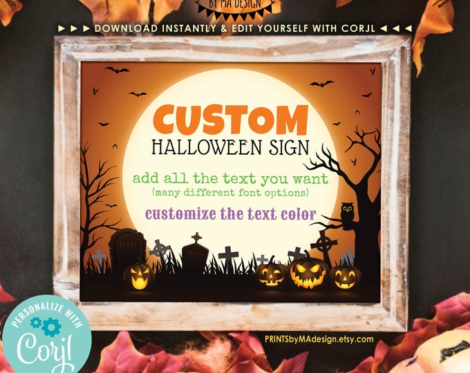 Custom Halloween Sign, Halloween Party, Spooky Moon Bats, One PRINTABLE 8x10/16x20” Landscape Sign, Choose Your Text <Edit Yourself w/Corjl>