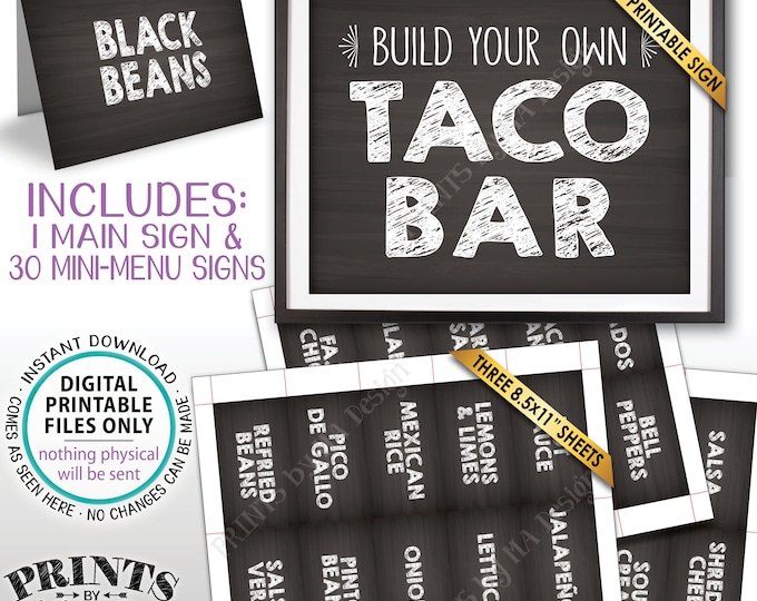 Taco Bar Sign and Labels, Build Your Own Taco Station, Nacho Fiesta Taco Buffet Mexican Bar, PRINTABLE Chalkboard Style Sign & Labels <ID>