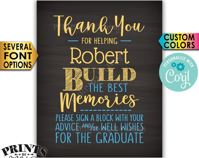 Sign a Block Graduation Party Decoration, Thanks for Building Memories, PRINTABLE 8x10” Chalkboard Style Sign <Edit Yourself with Corjl>