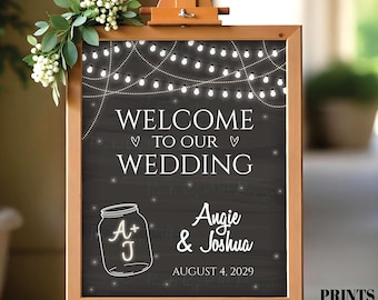 Wedding Welcome Sign, Welcome to our Wedding, Lights, Jar, Fireflies, Rustic Decor, PRINTABLE 8x10/16x20” Chalkboard Style Sign