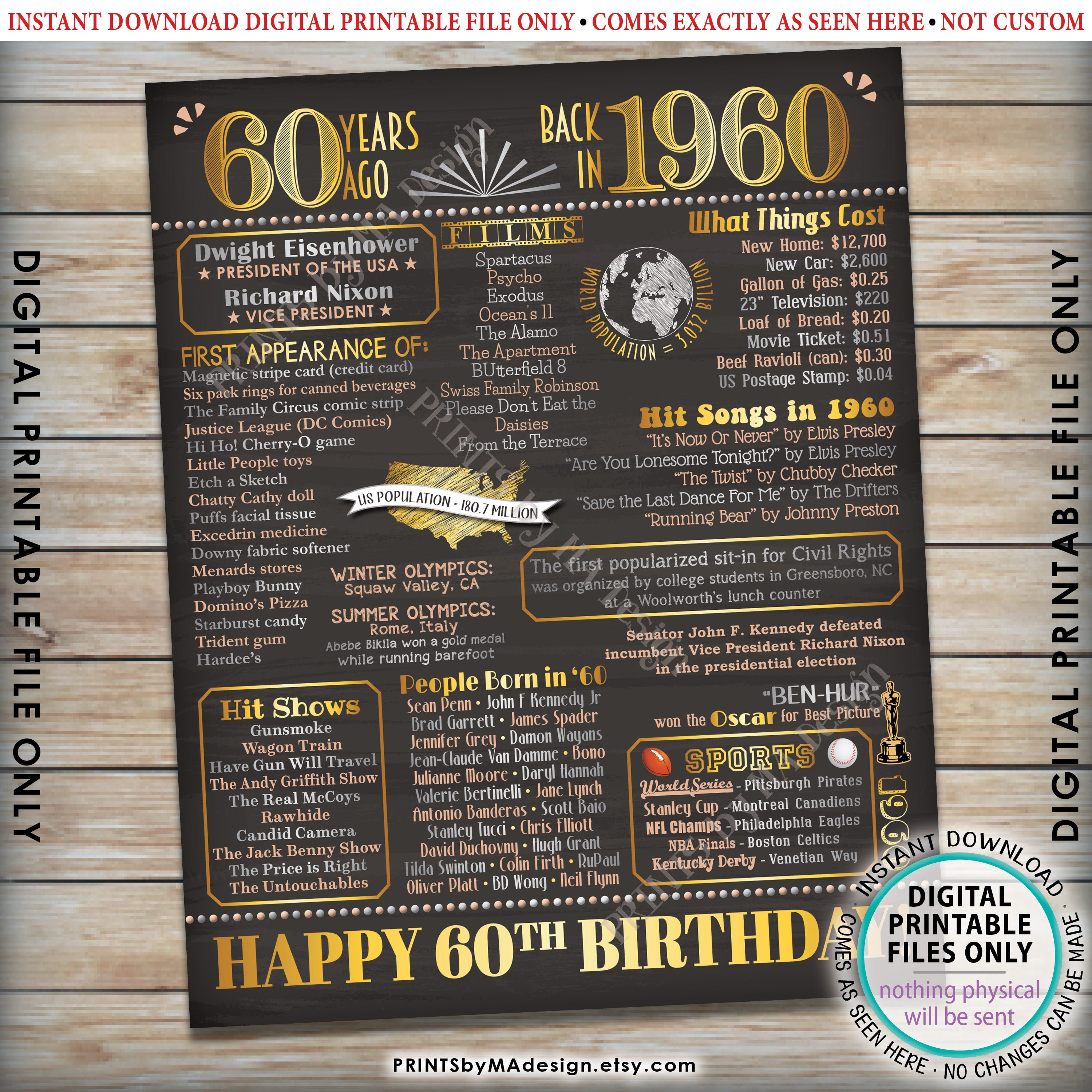 60th Birthday Back in 1960 Sign, Born in 1960 Poster Board, Flashback