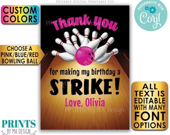 SALE! Editable Bowling Thank You Card, Choose Pink Blue or Red Bowling Ball, Custom PRINTABLE 5x7" Digital File <Edit Yourself w/Corjl>