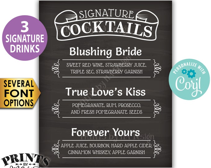 Signature Cocktails Sign, 3 Signature Drinks Sign, Custom PRINTABLE 8x10/16x20” Chalkboard Style Sign <Edit Yourself w/Corjl>