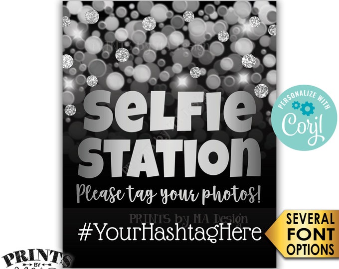 Silver Selfie Station Sign, Share on Social Media Instagram Facebook, Black/Silver Glitter PRINTABLE 8x10” Sign <Edit Yourself with Corjl>