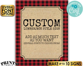Custom Lumberjack Signs, Choose Your Text, Ten PRINTABLE 8x10/16x20” Portrait Signs, Red Checker Buffalo Plaid <Edit Yourself with Corjl>