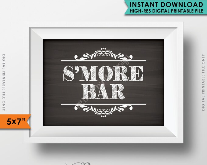 S'more Bar Sign, Smore Sign, Campfire Wedding Sign, Sweet 16 Birthday, Graduation Party, Instant Download 5x7” Chalkboard Style Printable
