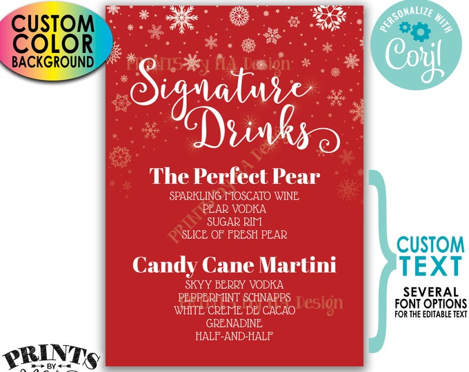 Signature Drinks Sign, Snowflake Holiday Christmas Party Cocktails, Custom Background Color, PRINTABLE 5x7” Bar Sign <Edit Yourself w/Corjl>