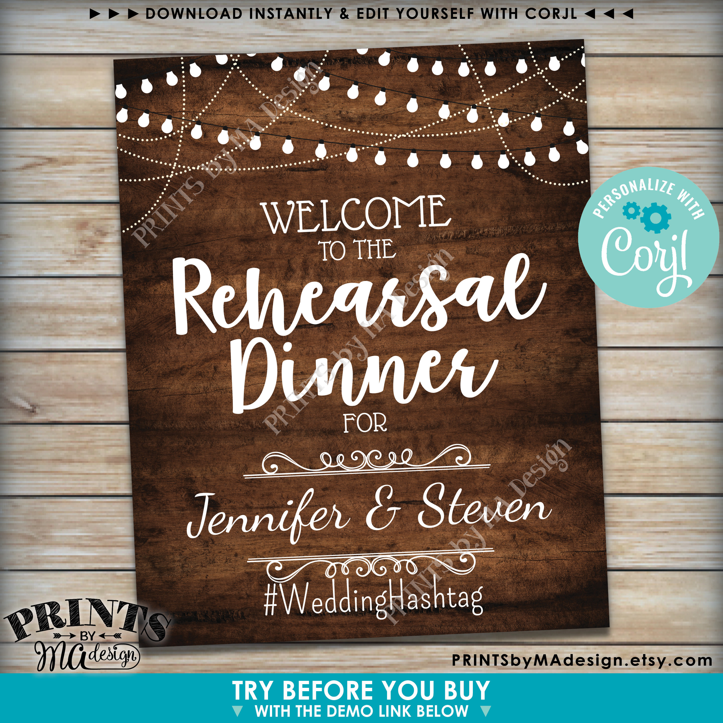 Welcome to the Rehearsal Dinner Sign, Custom PRINTABLE 16x20” Rustic Wood Style Rehearsal Decoration