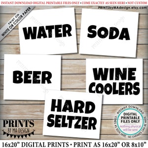 Puede incluir: Cinco carteles imprimibles con texto negro sobre fondo blanco. Los carteles dicen "Agua", "Soda", "Cerveza", "Enfriadores de vino" y "Hard Seltzer". Los carteles miden 40,64 cm x 50,8 cm y se pueden imprimir en 20,32 cm x 25,4 cm. Descarga instantánea de archivos digitales imprimibles únicamente. Viene como se ve aquí. No se pueden realizar cambios.