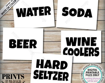 Beverage Signs, Drink Station Bundle Package, Soda, Water, Beer, Wine Coolers, Hard Seltzer, Five PRINTABLE 8x10/16x20” B&W Signs <ID>