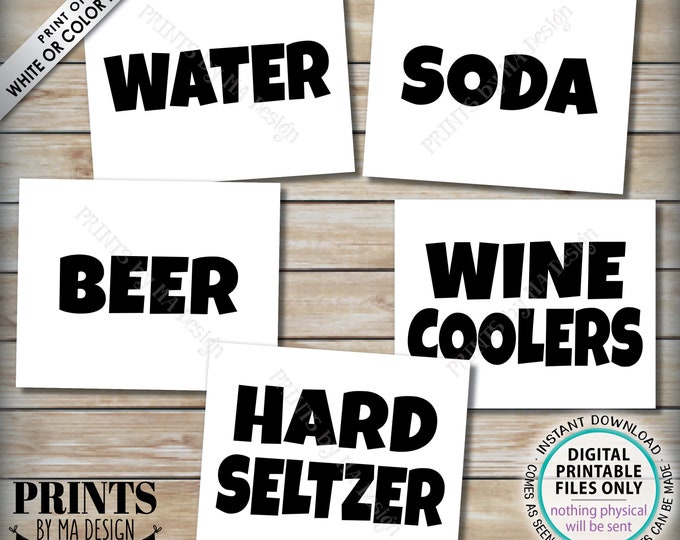 Beverage Signs, Drink Station Bundle Package, Soda, Water, Beer, Wine Coolers, Hard Seltzer, Five PRINTABLE 8x10/16x20” B&W Signs <ID>