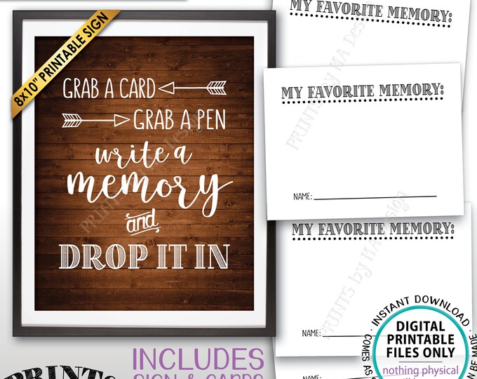 Write a Memory Grab a Card and Pen Drop it In, Birthday Graduation Retirement, PRINTABLE 4.25x5.5" Cards & 8x10” Rustic Wood Style Sign <ID>
