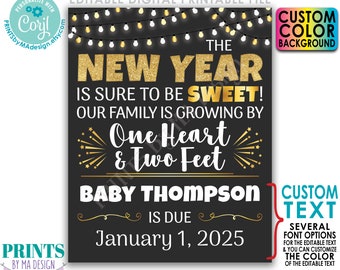 Editable New Years Pregnancy Announcement, Our Family is Growing by 1 Heart & 2 Feet, PRINTABLE Baby Reveal Sign <Edit Yourself w/Corjl>
