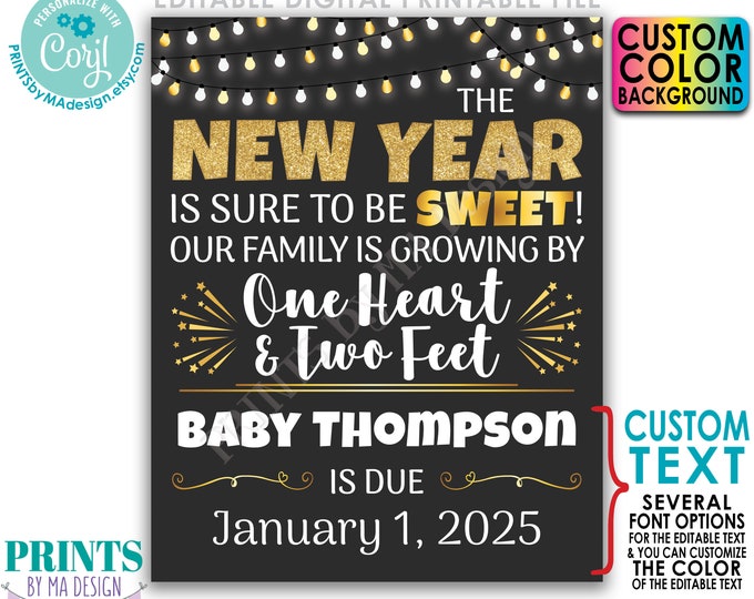 Editable New Years Pregnancy Announcement, Our Family is Growing by 1 Heart & 2 Feet, PRINTABLE Baby Reveal Sign <Edit Yourself w/Corjl>