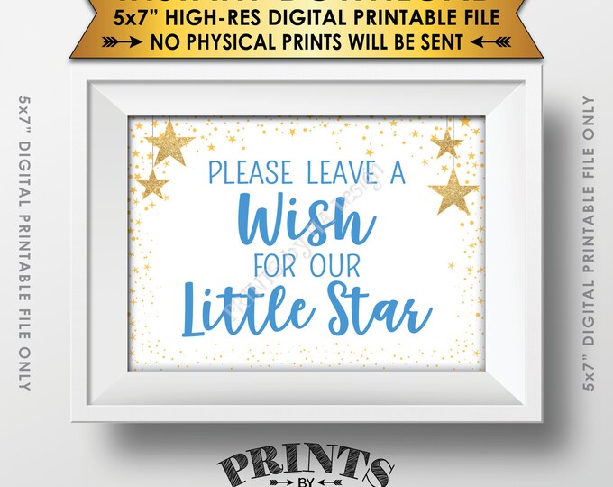 Well Wishes for Baby Shower Sign, Share a Wish Blue Text Baby Shower Decor Gold Glitter Twinkle Stars, Instant Download 5x7” Printable Sign