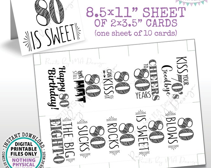 80th Birthday Party Candy Signs, Cheers to 80 Candy Bar, 80 Sucks Blows Rocks Sweet, Kiss 70s Goodbye, PRINTABLE 8.5x11” Sheet of Cards <ID>