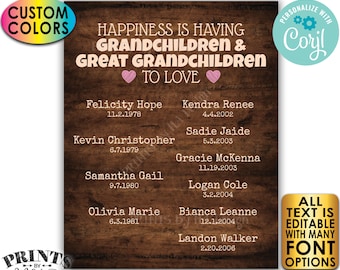 Great Grandparent Gift, List of Grandchildren & Great Grandchildren, PRINTABLE Rustic Wood Style Grandkids Sign <Edit Yourself w/Corjl>