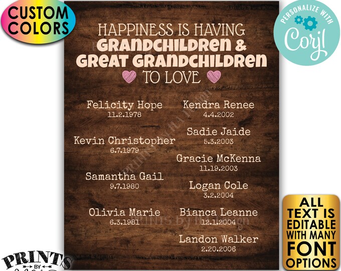 Great Grandparent Gift, List of Grandchildren & Great Grandchildren, PRINTABLE Rustic Wood Style Grandkids Sign <Edit Yourself w/Corjl>