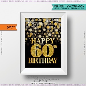 60歳の誕生日カード ブラック＆ゴールドグリッター 60歳の誕生日 ゴールデンボケ、60歳の誕生日カード、ゴールドグリッター 印刷可能 5x7インチ デジタルファイル <ID>