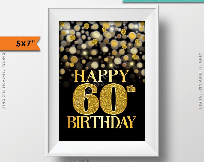 60th Birthday Card Black & Gold Glitter 60th B-day Golden Bokeh, Turning Sixty Birthday Card, Gold Glitter PRINTABLE 5x7" Digital File <ID>