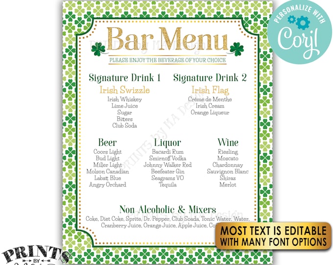 St. Patrick's Day Bar Menu Sign, St. Paddy's Day Party Shamrocks, PRINTABLE 8x10/16x20” Drink Menu Sign <Edit Yourself with Corjl>