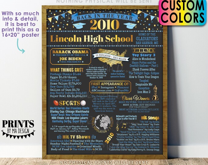 Back in the Year 2010 Poster Board, Class of 2010 Reunion Decoration, Flashback to 2010 Graduating Class, Custom PRINTABLE 16x20” Sign