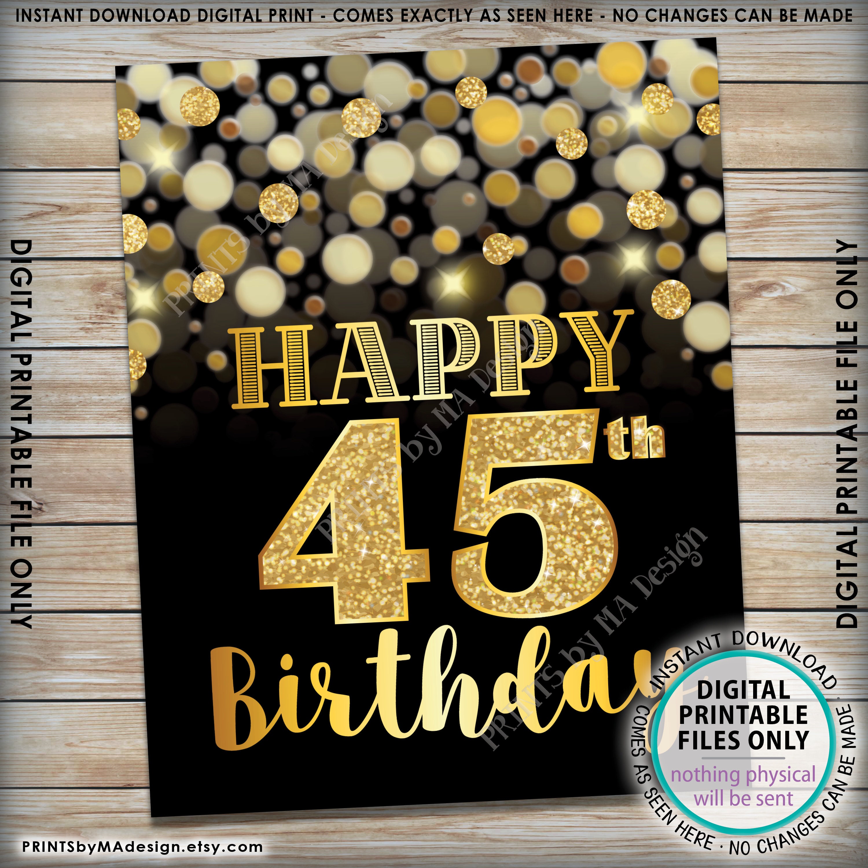 45th Birthday Card Black Gold Glitter 45th B day Golden 45th Sign 45th Birthday Card Black Gold Glitter 45th B day Golden 45th Sign
