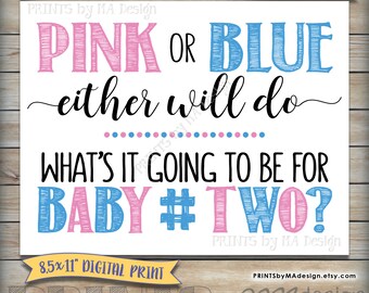 Pink or Blue Either Will Do Second Child Gender Reveal Sign, Baby Number 2 Announcement Photo Prop, #2, 8.5x11” Printable Instant Download