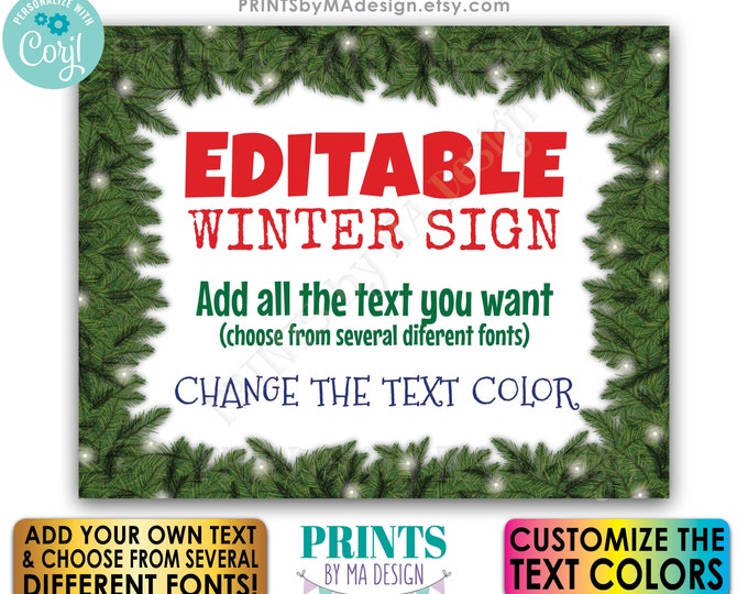 Custom Winter Themed Sign, Christmas Pine Tree Branches, Create 1 PRINTABLE 8x10/16x20” Xmas Sign, Choose Your Text <Edit Yourself w/Corjl>