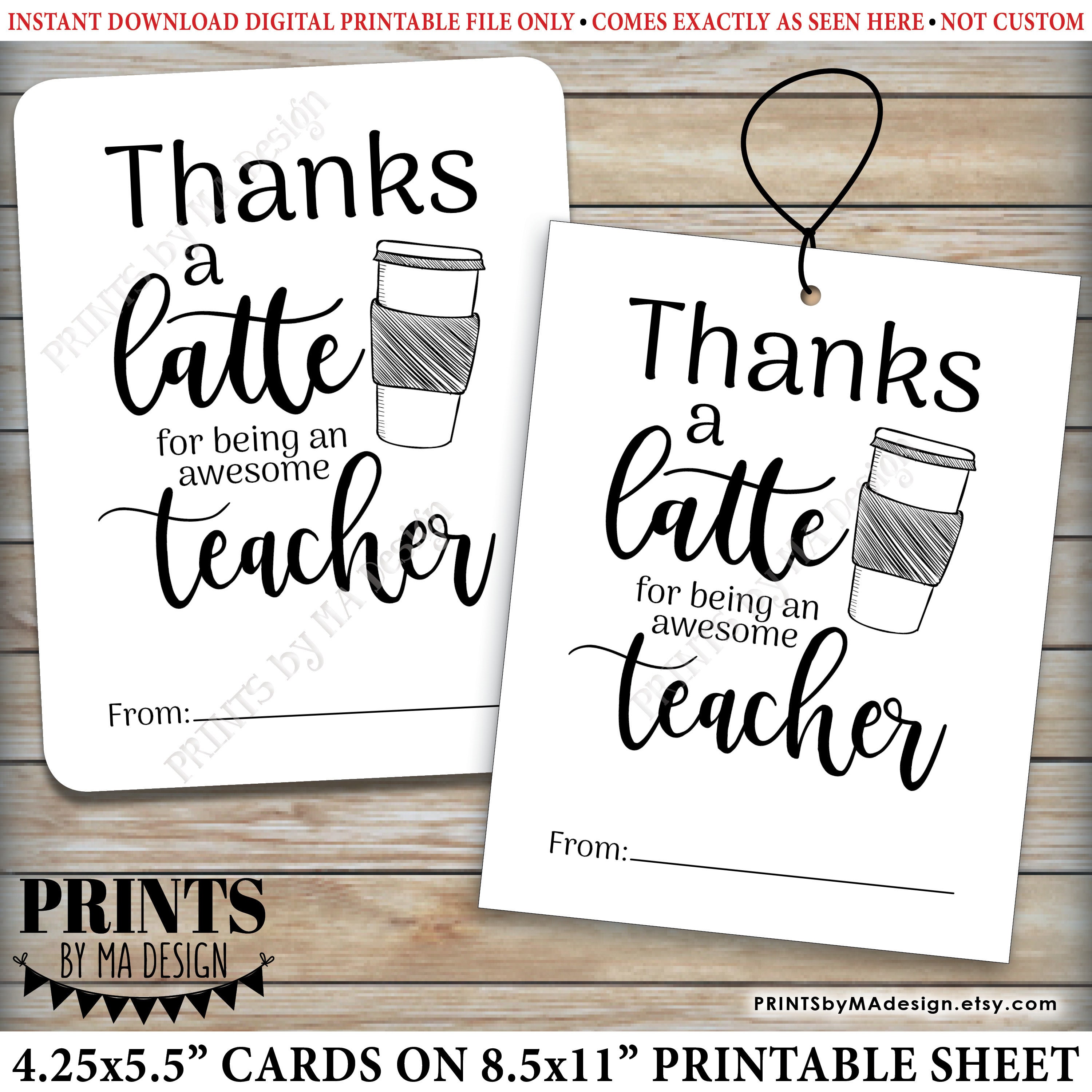 Thanks A Latte Card Gift Card Holder For Teacher Appreciation Four 4 25x5 5 Tags Cards On