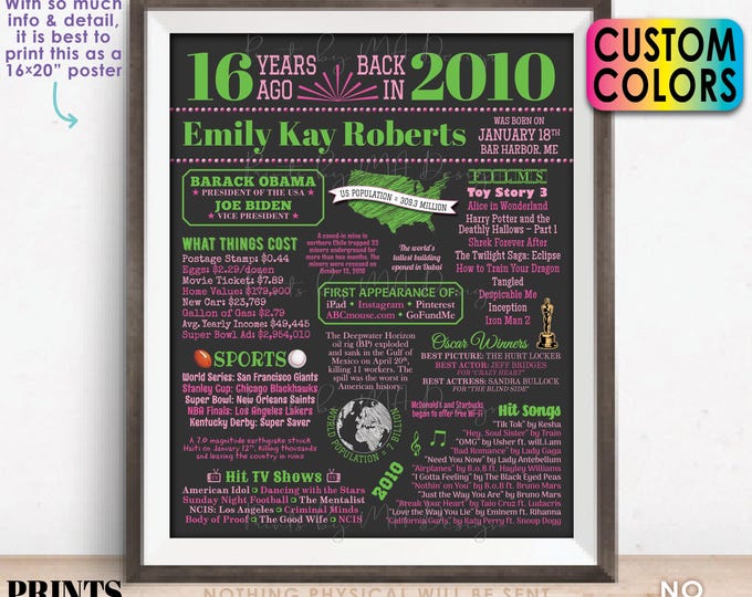 16th Birthday Poster Board, Back in the Year 2010 Flashback 16 Years Ago B-day Gift, Custom PRINTABLE 16x20” Born in 2010 Sign