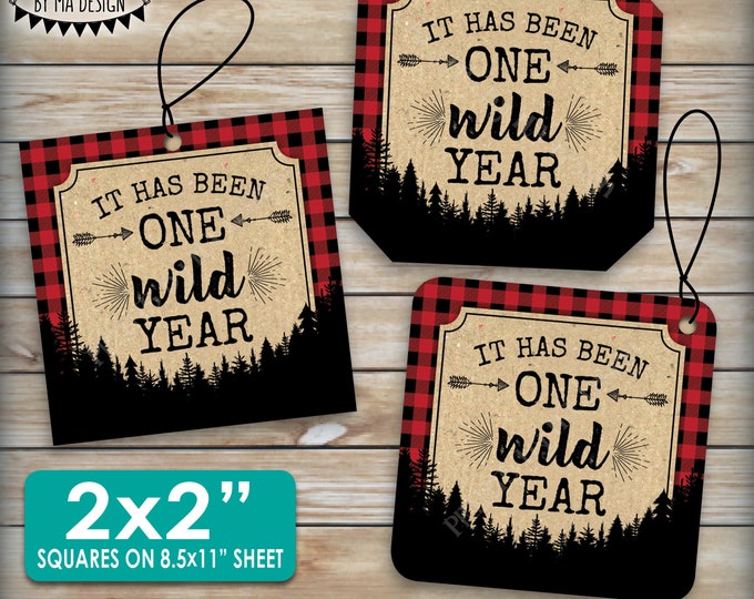 It has been One Wild Year Lumberjack First Birthday Party Decor, Red Checker Buffalo Plaid 8.5x11" PRINTABLE Sheet of 2" Square Cards <ID>