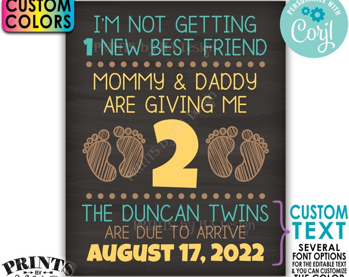 Twins Pregnancy Announcement, Getting 2 New Best Friends, Editable 8x10/16x20” PRINTABLE Chalkboard Style Sign <Edit Yourself w/Corjl>