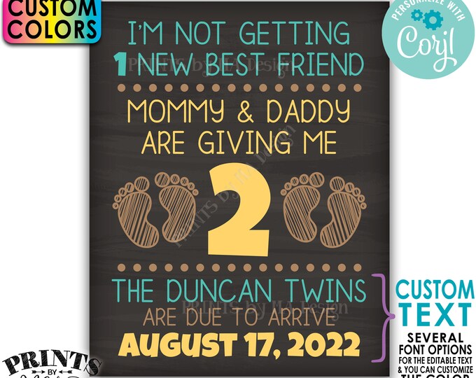 Twins Pregnancy Announcement, Getting 2 New Best Friends, Editable 8x10/16x20” PRINTABLE Chalkboard Style Sign <Edit Yourself w/Corjl>