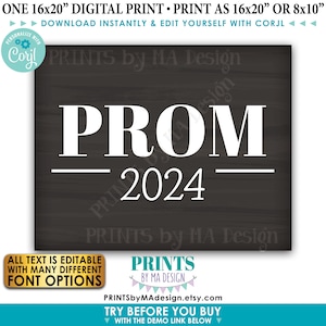 Prom Sign, High School Prom Decorations, Custom Text, PRINTABLE 8x10/16x20 Chalkboard Style Prom Photo Prop Sign Edit Yourself with Corjl image 1