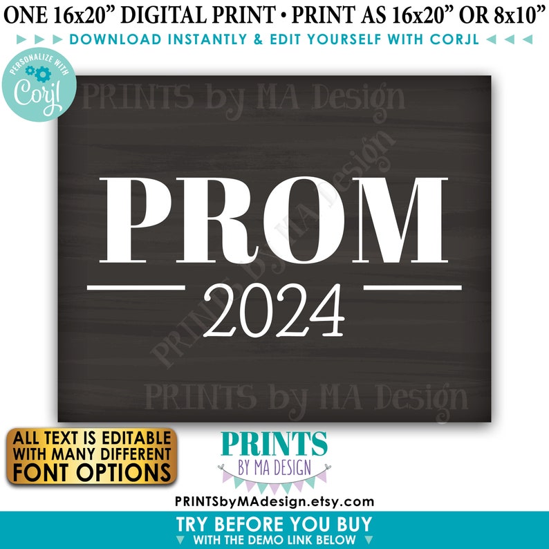 Prom Sign, High School Prom Decorations, Custom Text, PRINTABLE 8x10/16x20 Chalkboard Style Prom Photo Prop Sign Edit Yourself with Corjl image 1